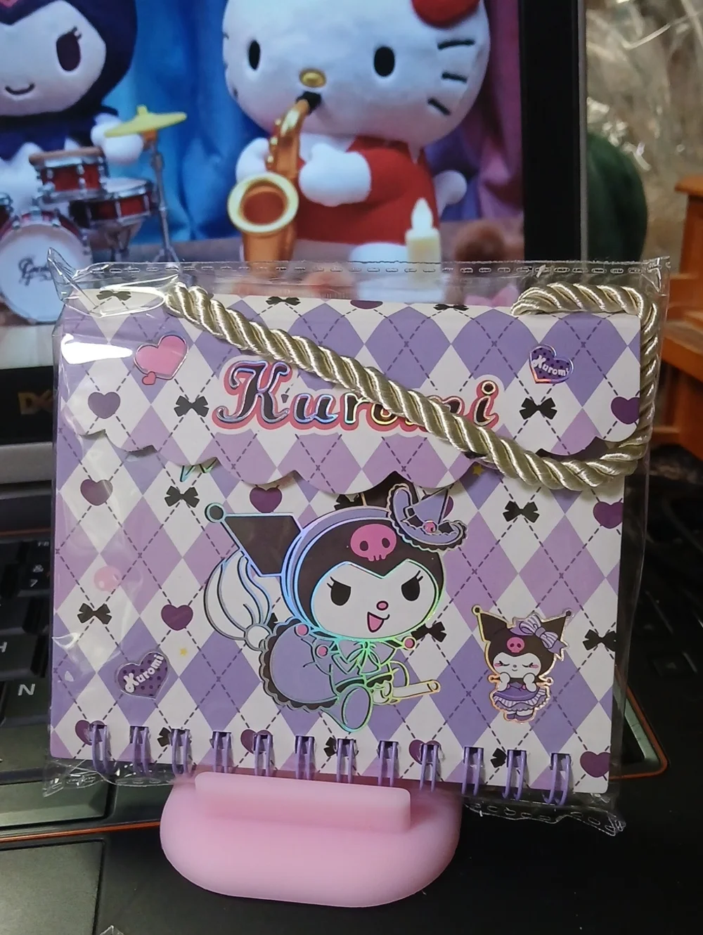 Kuromi Mini Spiral Notebook - Lavender Harlequin Design
